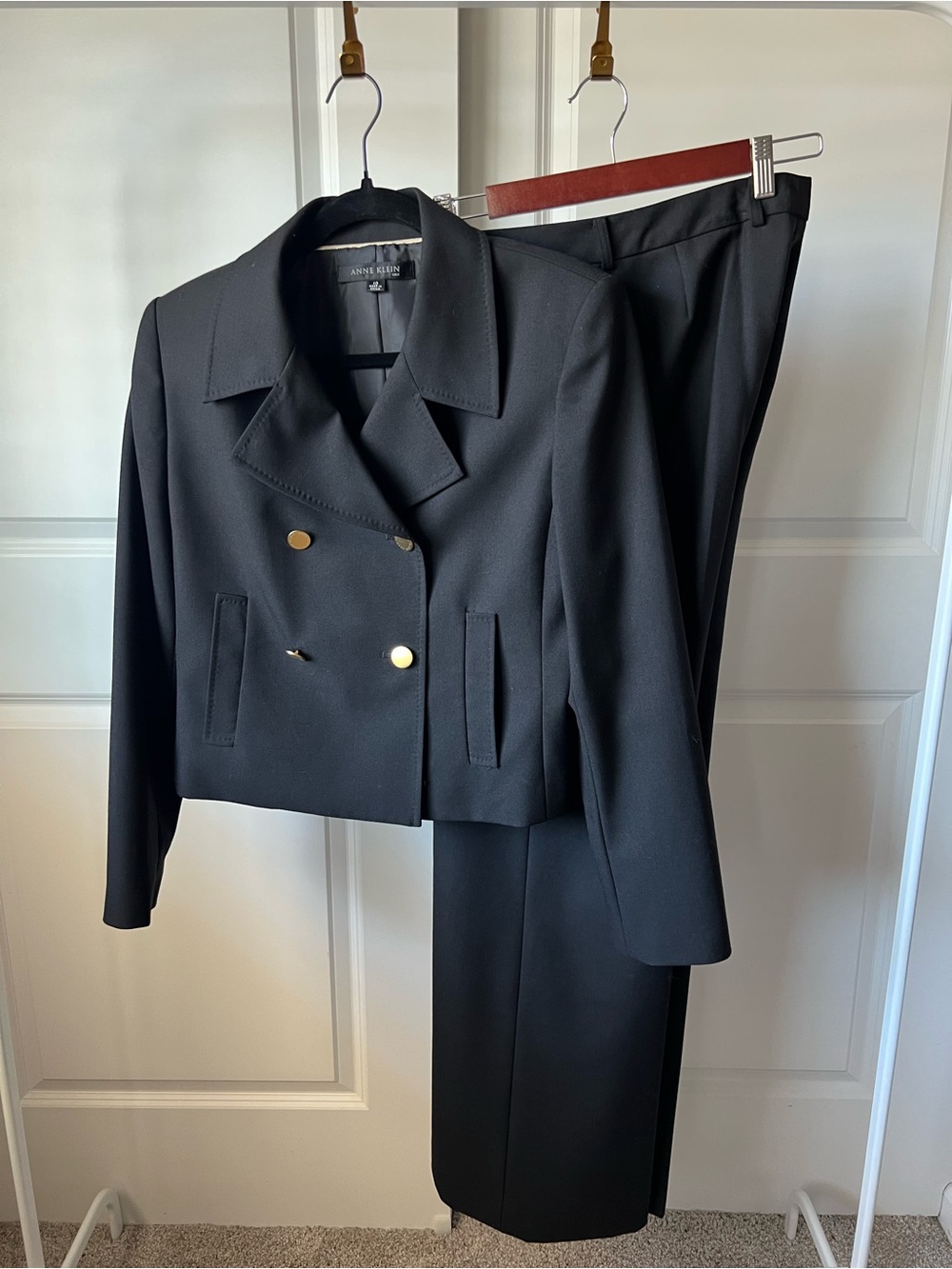 Anne Klein Black Pantsuit with Cropped Blazer and Gold Buttons